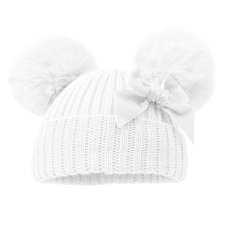 H678-W: White Hat w/Pom Poms & Velvet Bow (0-12M)